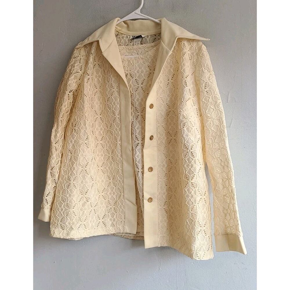 Vintage 1970s women's 16 large beige eyelet lace tank shirt & button up jacket